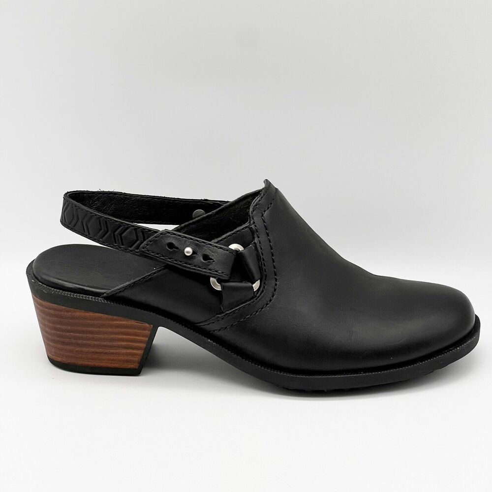 TEVA Foxy Black Leather Adjustable Slingback Mid Block Heel Clogs Women’s 7.5 - Picture 1 of 12